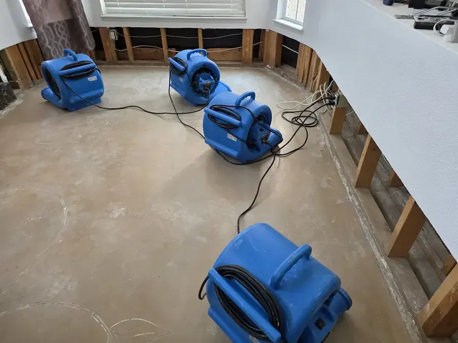Air movers and dehumidifiers drying a flooded room in Peoria, AZ